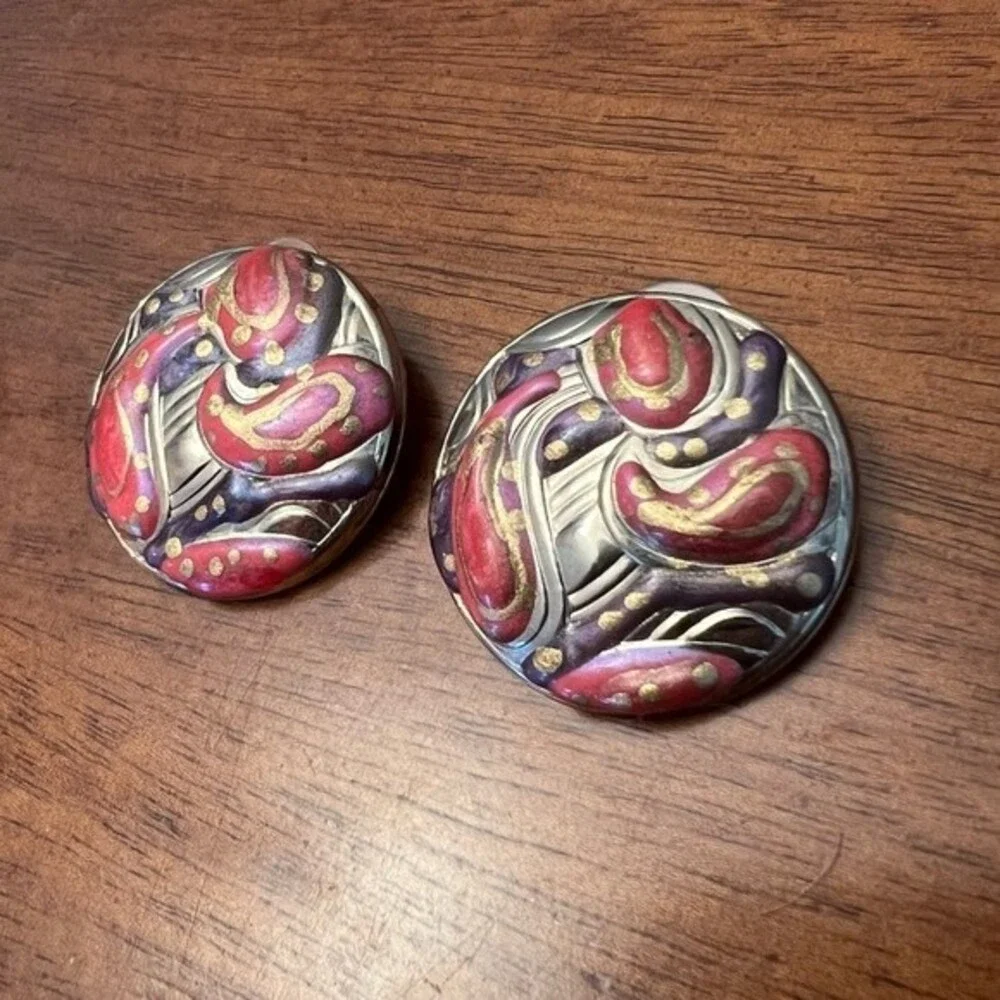 Vintage Button Earrings Oversized Hand Painted Paisley Silver Circle Studs